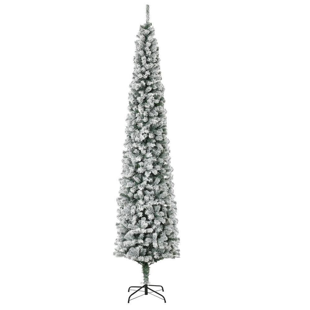 9 ft. Artificial Christmas Tree Snow Flocked, Winter Style Holiday Pencil Tree with Foldable Steel Stand