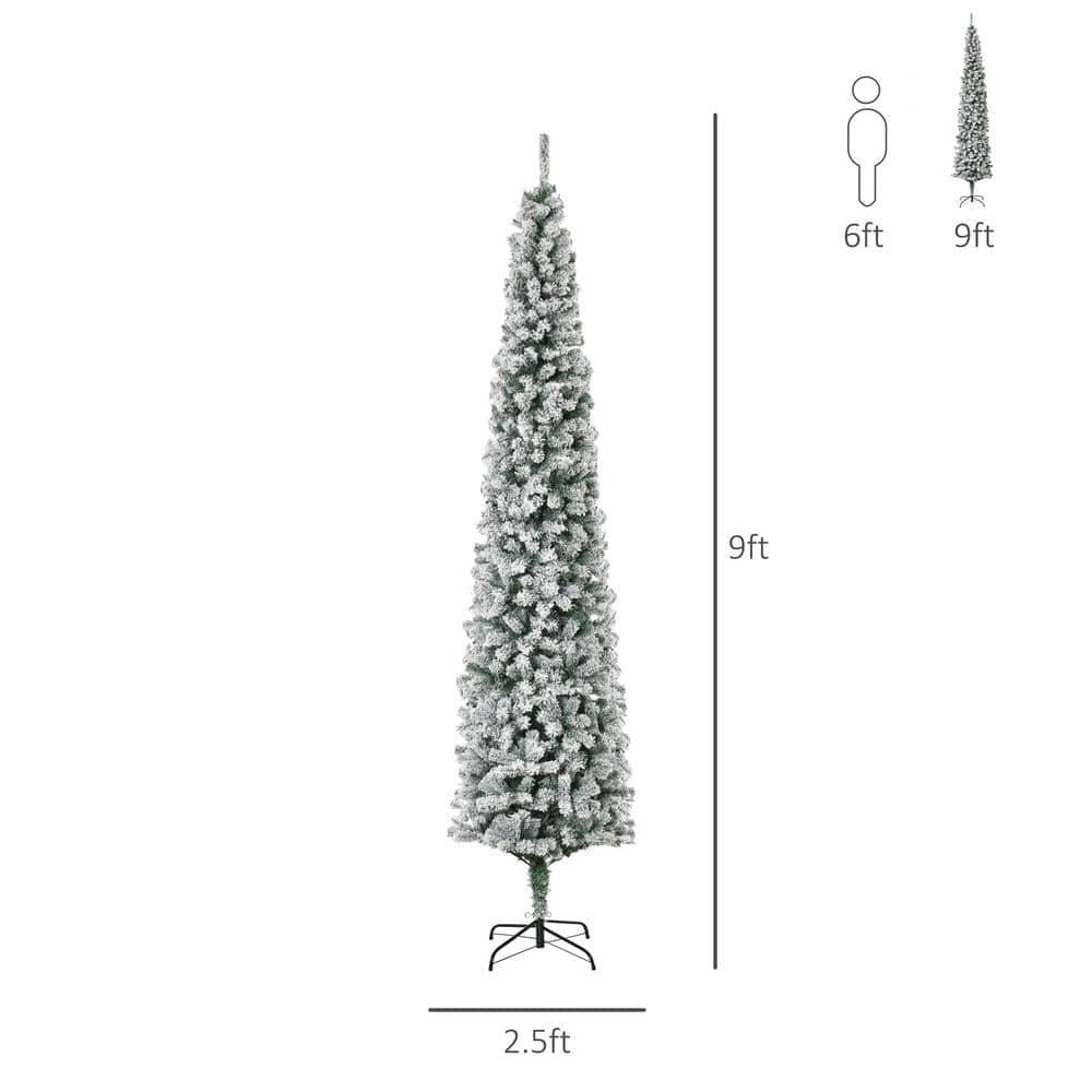9 ft. Artificial Christmas Tree Snow Flocked, Winter Style Holiday Pencil Tree with Foldable Steel Stand
