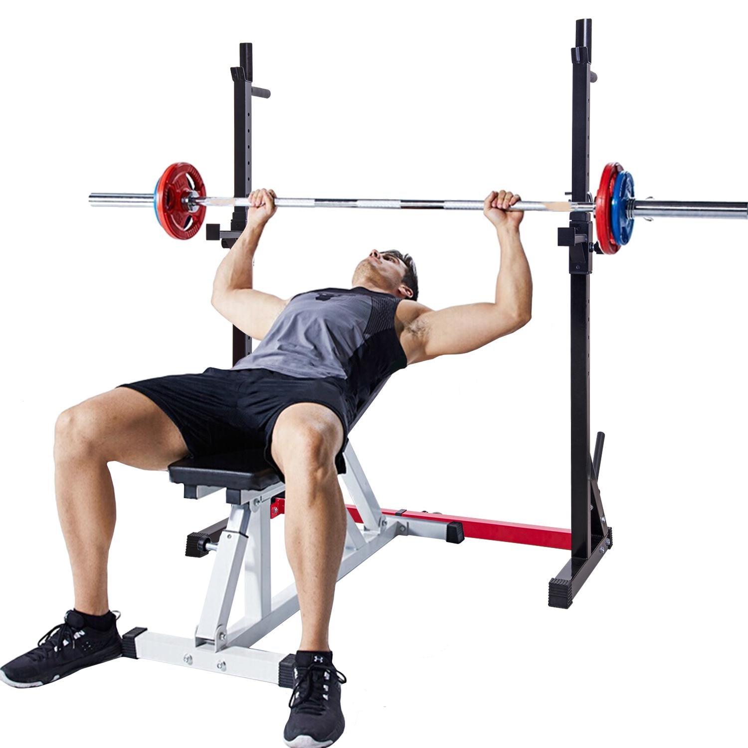 Ollieroo Multi-function Barbell Rack Dip Stand Gym Family Fitness Adjustable Squat Rack Weight Lifting Bench Press Dipping Station with Barbell Plate Rack
