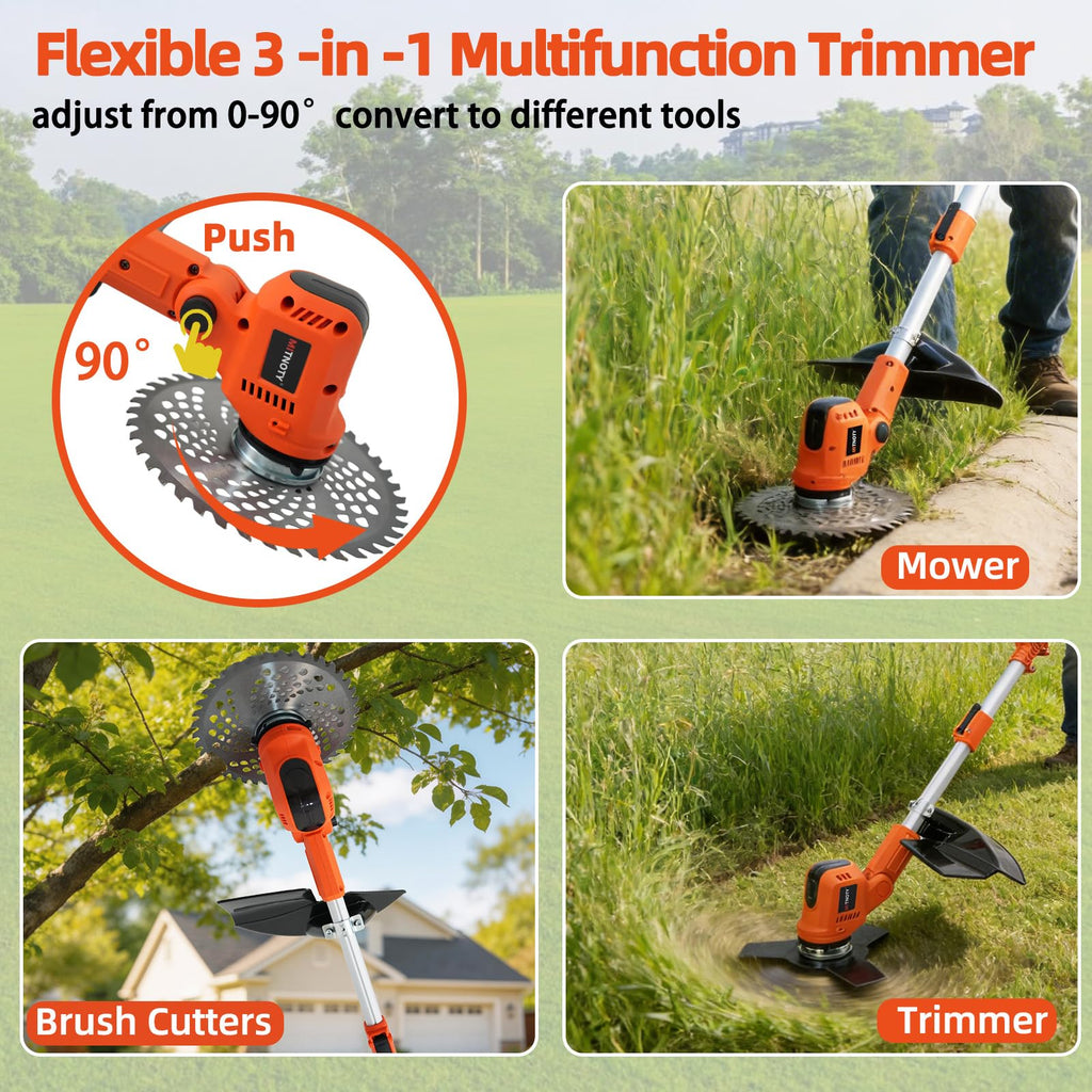 3-in-1 Electric Weed Wacker, Battery Powered Weed Eater with 2 x 4.0Ah Batteries, 900W Brushless Motor Grass Trimmer/Lawn Mower/Brush Cutter, with LCD Display &amp; 3 Types Blades for Yard and Garden