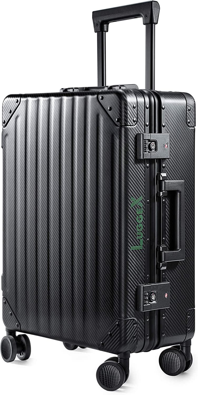 Carbon Fiber All Aluminum Luggage, LuggeX Smart TSA 24" No Zipper Suitcase, Checked Hardside Luggage with Spinner Wheels