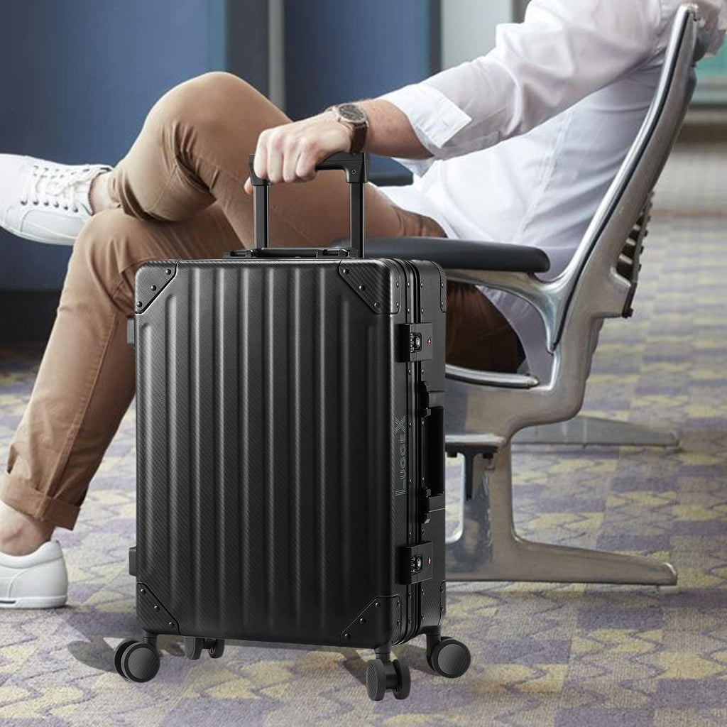 Carbon Fiber All Aluminum Luggage, LuggeX Smart TSA 24" No Zipper Suitcase, Checked Hardside Luggage with Spinner Wheels