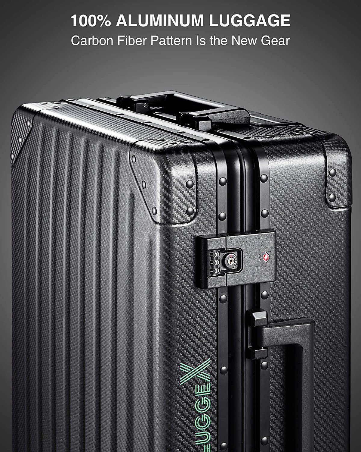 Carbon Fiber All Aluminum Luggage, LuggeX Smart TSA 24" No Zipper Suitcase, Checked Hardside Luggage with Spinner Wheels
