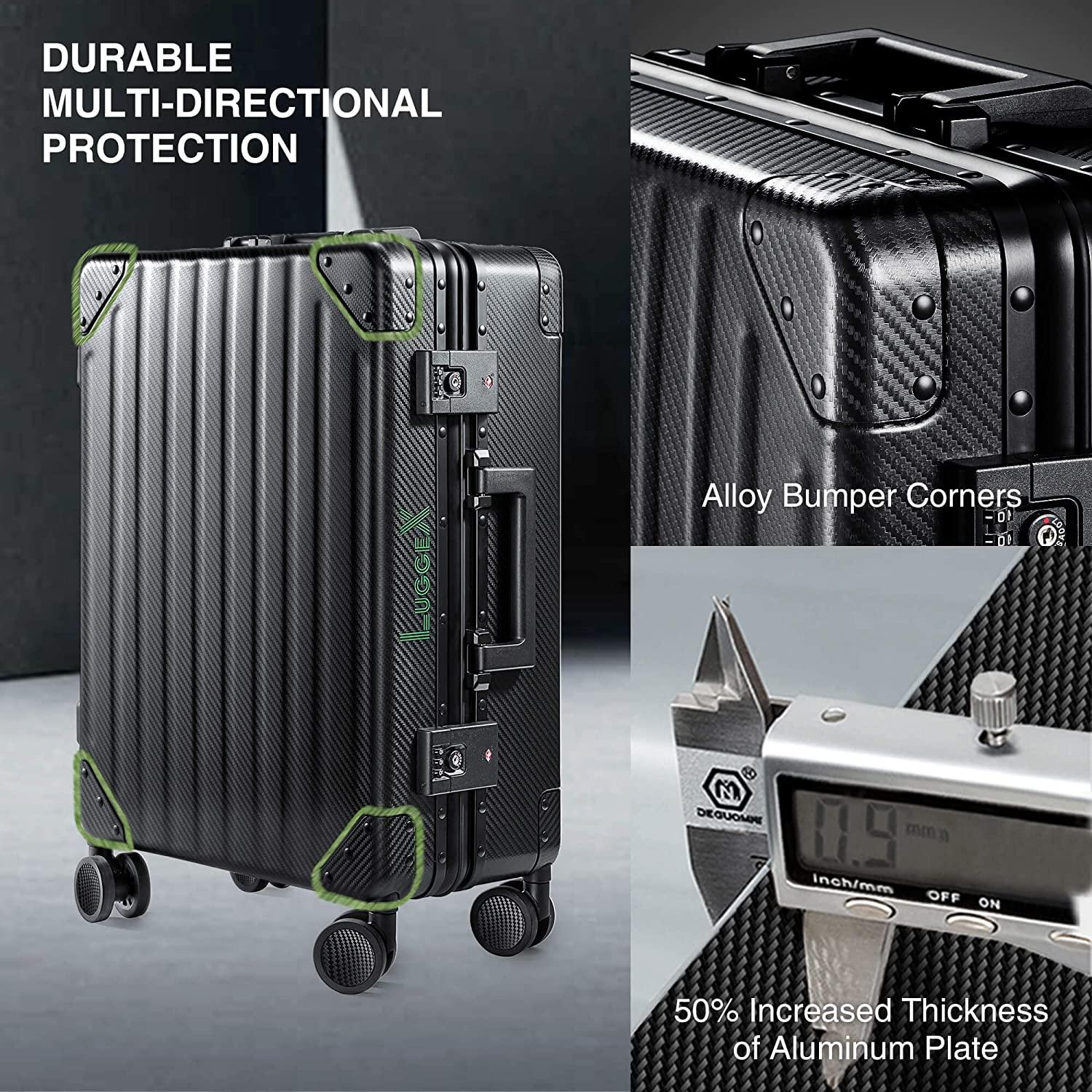 Carbon Fiber All Aluminum Luggage, LuggeX Smart TSA 24" No Zipper Suitcase, Checked Hardside Luggage with Spinner Wheels
