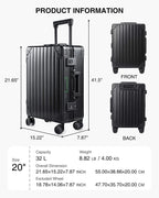Carbon Fiber All Aluminum Luggage, LuggeX Smart TSA 20" No Zipper Suitcase, Carryon Hardside Luggage with Spinner Wheels