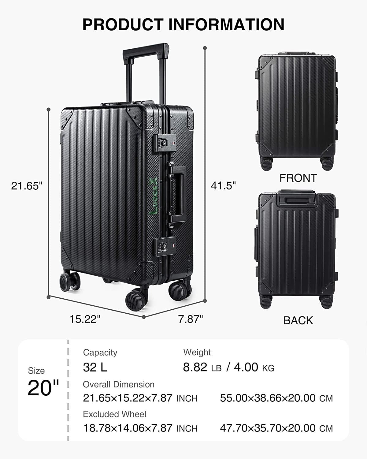 Carbon Fiber All Aluminum Luggage, LuggeX Smart TSA 20" No Zipper Suitcase, Carryon Hardside Luggage with Spinner Wheels