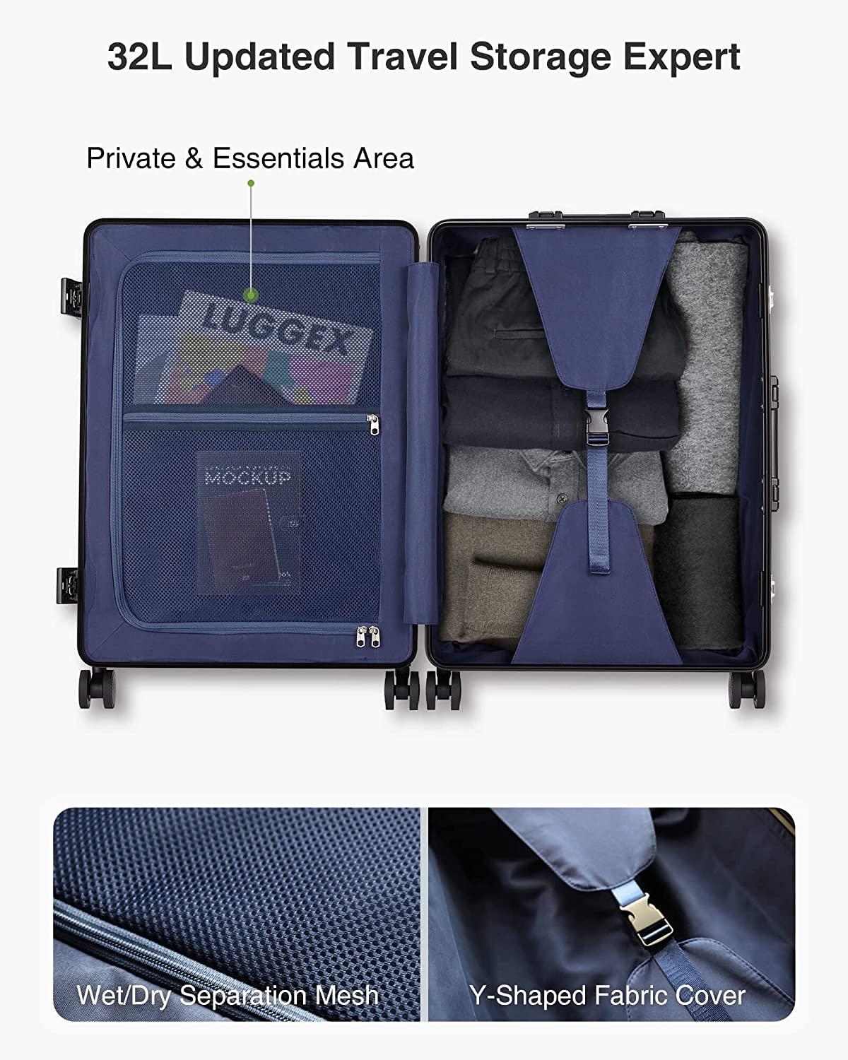 Carbon Fiber All Aluminum Luggage, LuggeX Smart TSA 24" No Zipper Suitcase, Checked Hardside Luggage with Spinner Wheels