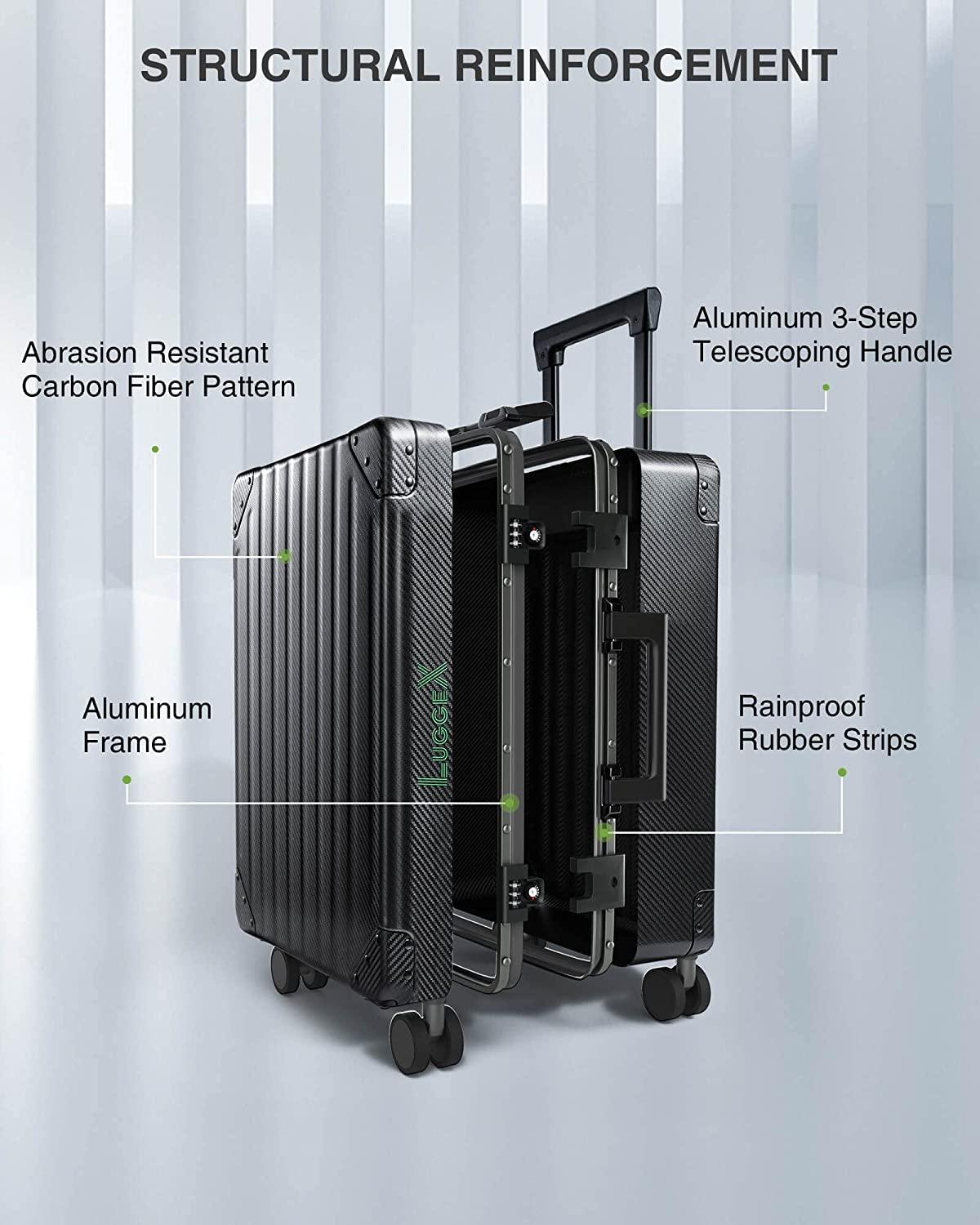 Carbon Fiber All Aluminum Luggage, LuggeX Smart TSA 20" No Zipper Suitcase, Carryon Hardside Luggage with Spinner Wheels