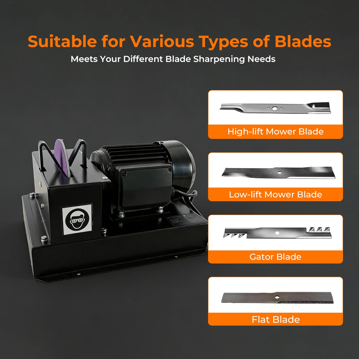 Lawn Mower Blade Sharpener, 1HP 750W Bench Grinder with 9-Inch Ceramic Wheel, 30°/40° Angle Brackets, for High/Low Lift, Gator &amp; Flat Blades, with Extra Replacement Sandpapers
