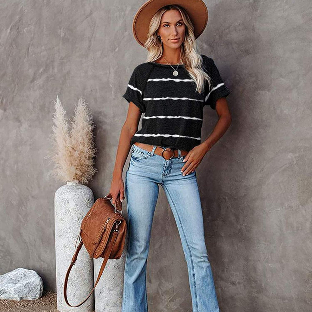 Women Tops Short Sleeve Color Block T-Shirts Tees Raglan Casual Loose Fit Tunic Tops