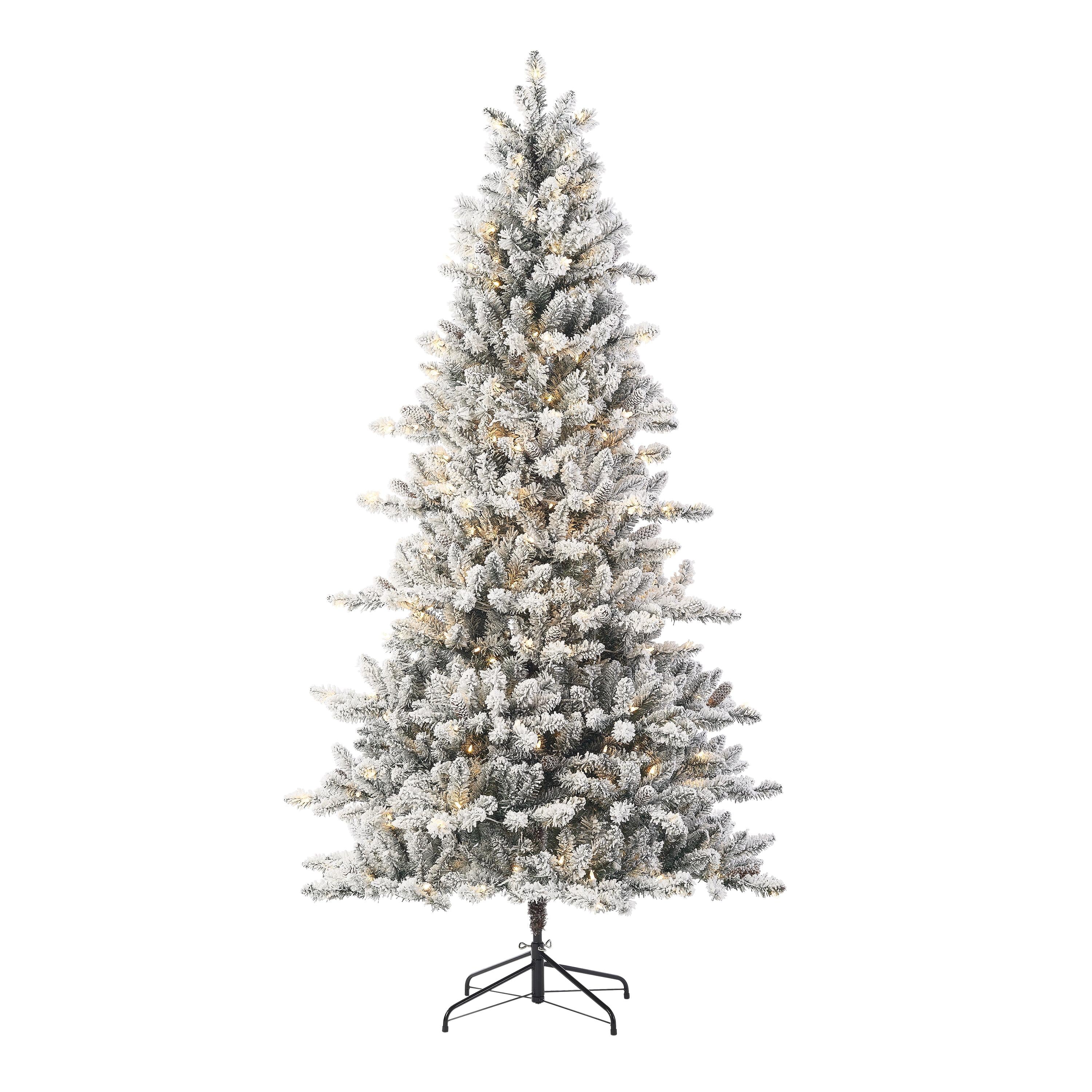 Holiday Time 7.5ft Pre-Lit Flocked Birmingham Fir Artificial Christmas Tree, Warm White LED, Green, 7.5'