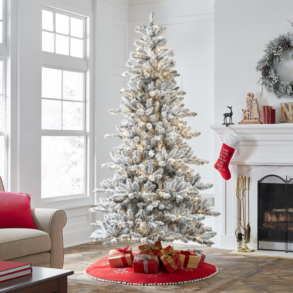 Holiday Time 7.5ft Pre-Lit Flocked Birmingham Fir Artificial Christmas Tree, Warm White LED, Green, 7.5'