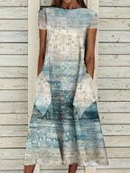Round Neck Retro Print Casual Loose Short Sleeve Midi Dress
