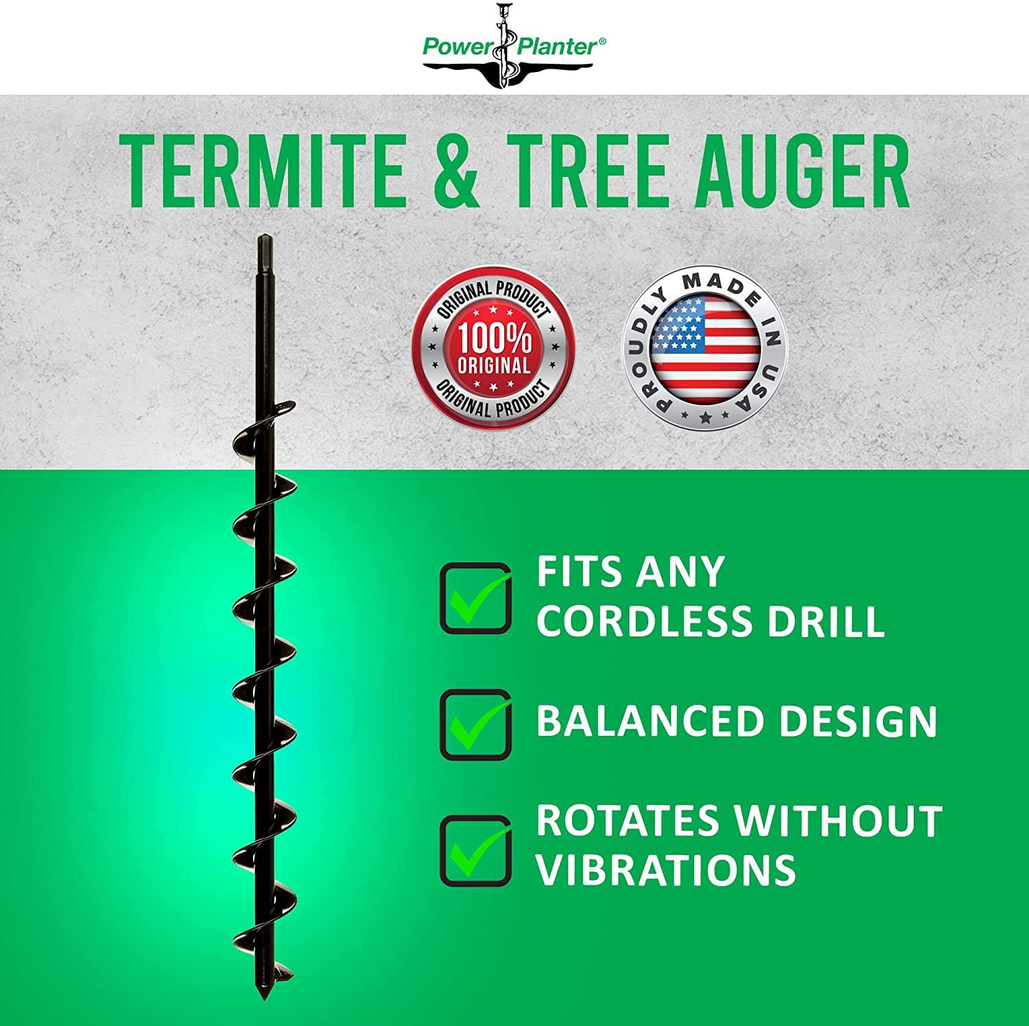 power planter termite &amp; tree auger (2"x24") with 1/2" non-slip hex drive &amp; heavy duty tip - garden auger for planting flower, bulb, tree, shrub &amp; termite - works for hard dirt, clay, rocky soil &amp; sand