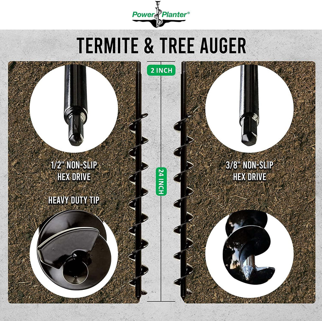 power planter termite &amp; tree auger (2"x24") with 1/2" non-slip hex drive &amp; heavy duty tip - garden auger for planting flower, bulb, tree, shrub &amp; termite - works for hard dirt, clay, rocky soil &amp; sand