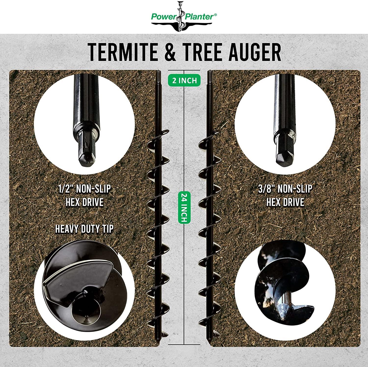 power planter termite &amp; tree auger (2"x24") with 1/2" non-slip hex drive &amp; heavy duty tip - garden auger for planting flower, bulb, tree, shrub &amp; termite - works for hard dirt, clay, rocky soil &amp; sand