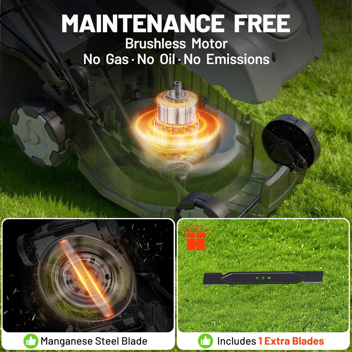 40V (2×20V) Push Mower, Electric Lawn Mower Cordless 16″, Brushless Motor, 6-Height Adjust, 50L Grass Collector, 2×5.0Ah Batteries &amp; Charger