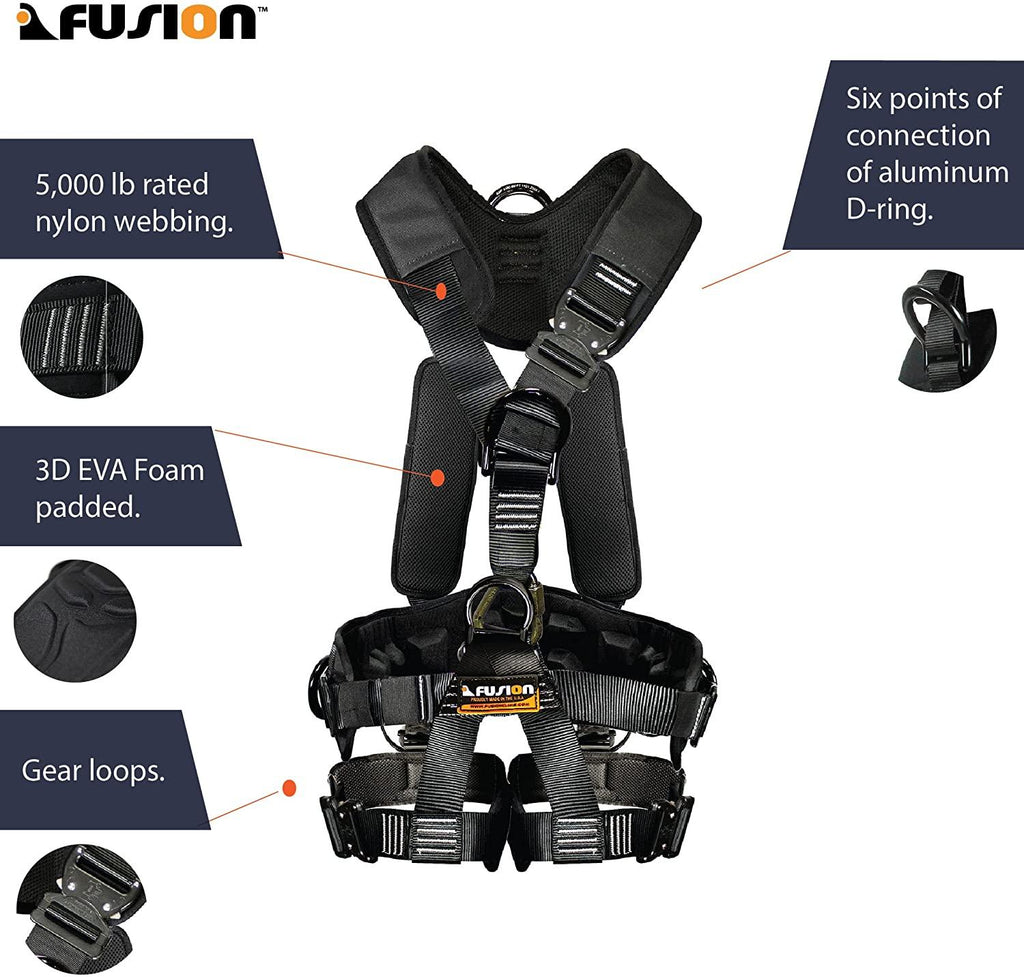 Fusion Climb Tac GT Tactical Full Body EVA Padded Heavy Duty Adjustable Zipline Harness 23kN S Black