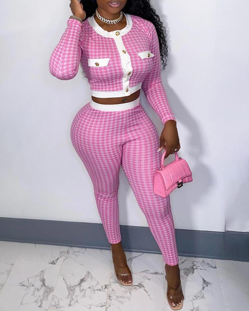 houndstooth print colorblock buttoned crop top &amp; skinny pants set