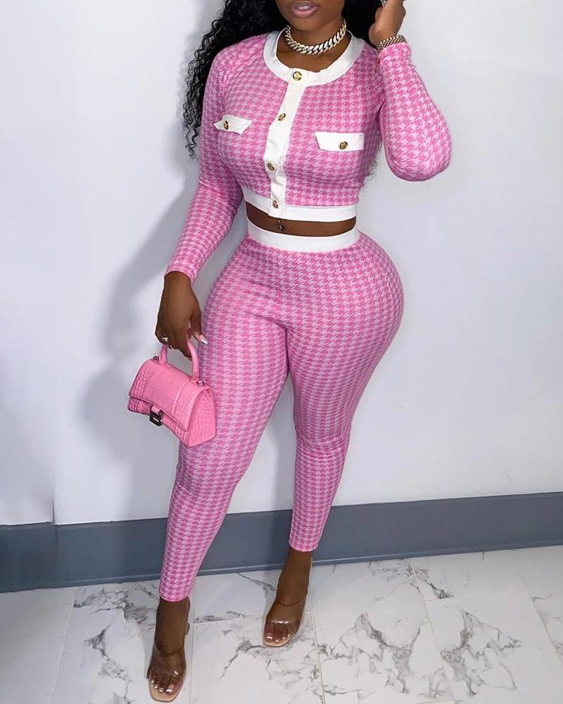 houndstooth print colorblock buttoned crop top &amp; skinny pants set