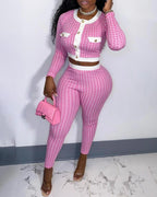 houndstooth print colorblock buttoned crop top &amp; skinny pants set