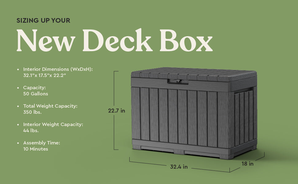 Kent50 Gallon Resin Deck Box-Organization and Storafor Patio Cushions, Throw Pillows and Garden Tools, Dark Grey