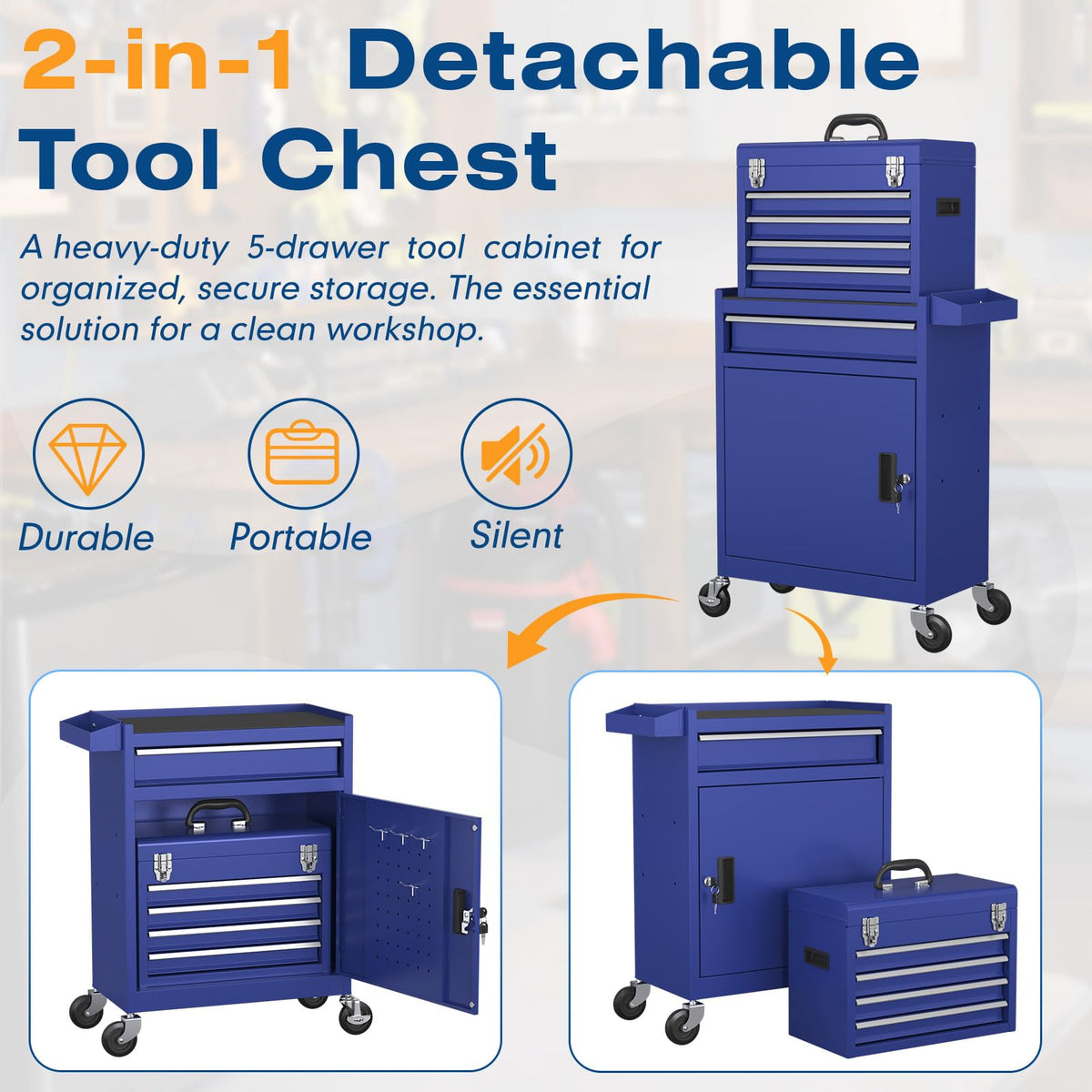 5-Drawers Tool Chest, 2-in-1 Rolling Tool Box with Wheels and Drawers, Detachable StoraToolbox with Lock, Heavy-Duty Metal Tool Cart for Garage, Workshop (Blue)