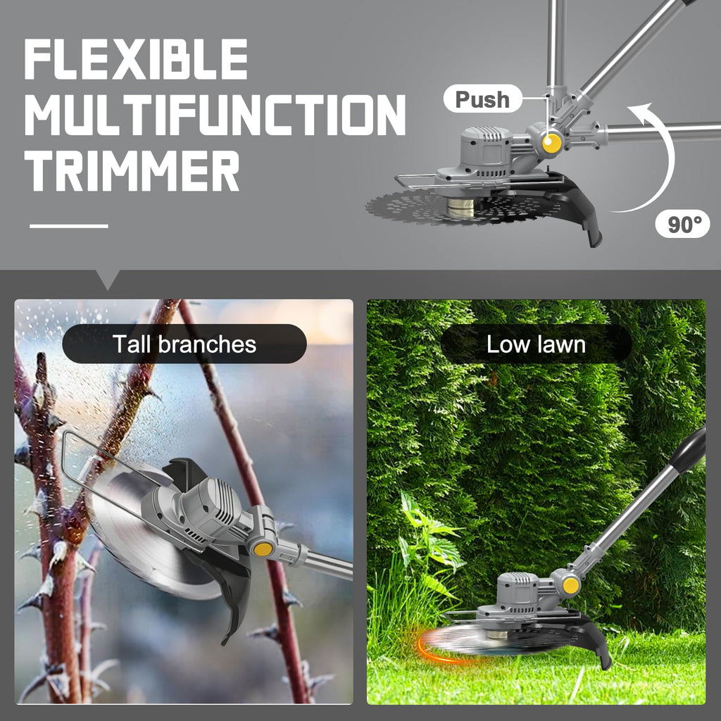 Electric Weed Wacker Cordless,4 in 1 Weed Eater Battery Powered Brush Cutter,9''Grass Trimmer Stringless Weed Trimmer Lawn Mower Edger Metal Blade Battery(2 x 21V 4.0Ah Batteries &amp; Charger)