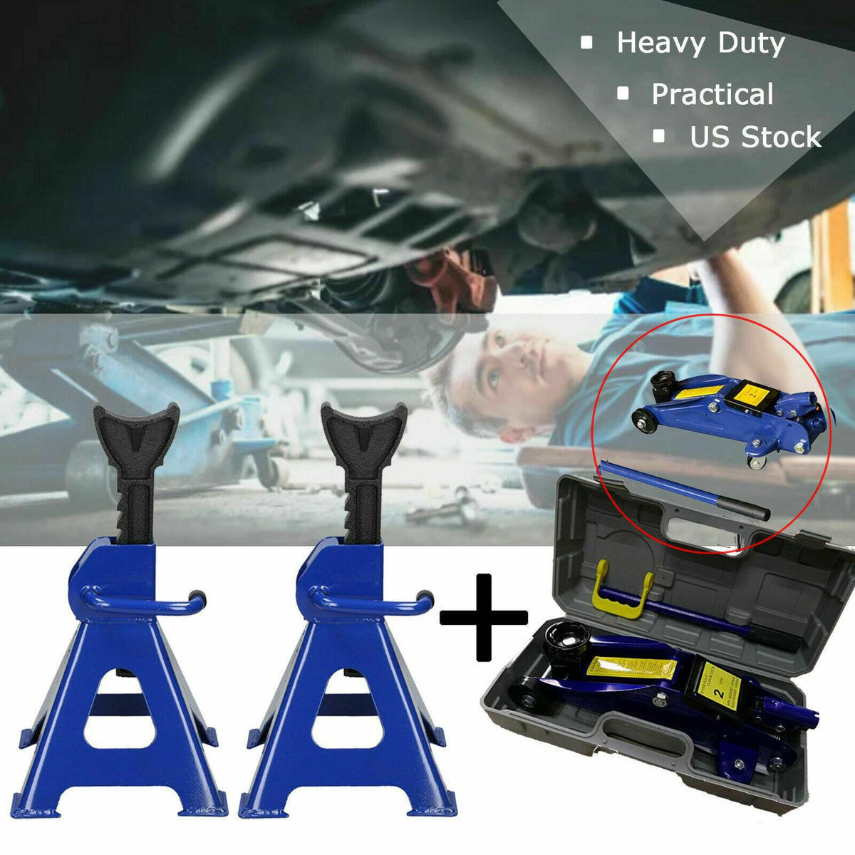 2-3Ton Low Profile Floor Jack Stand Combo Car Truck Lift Shop Hydraulic Trolley
