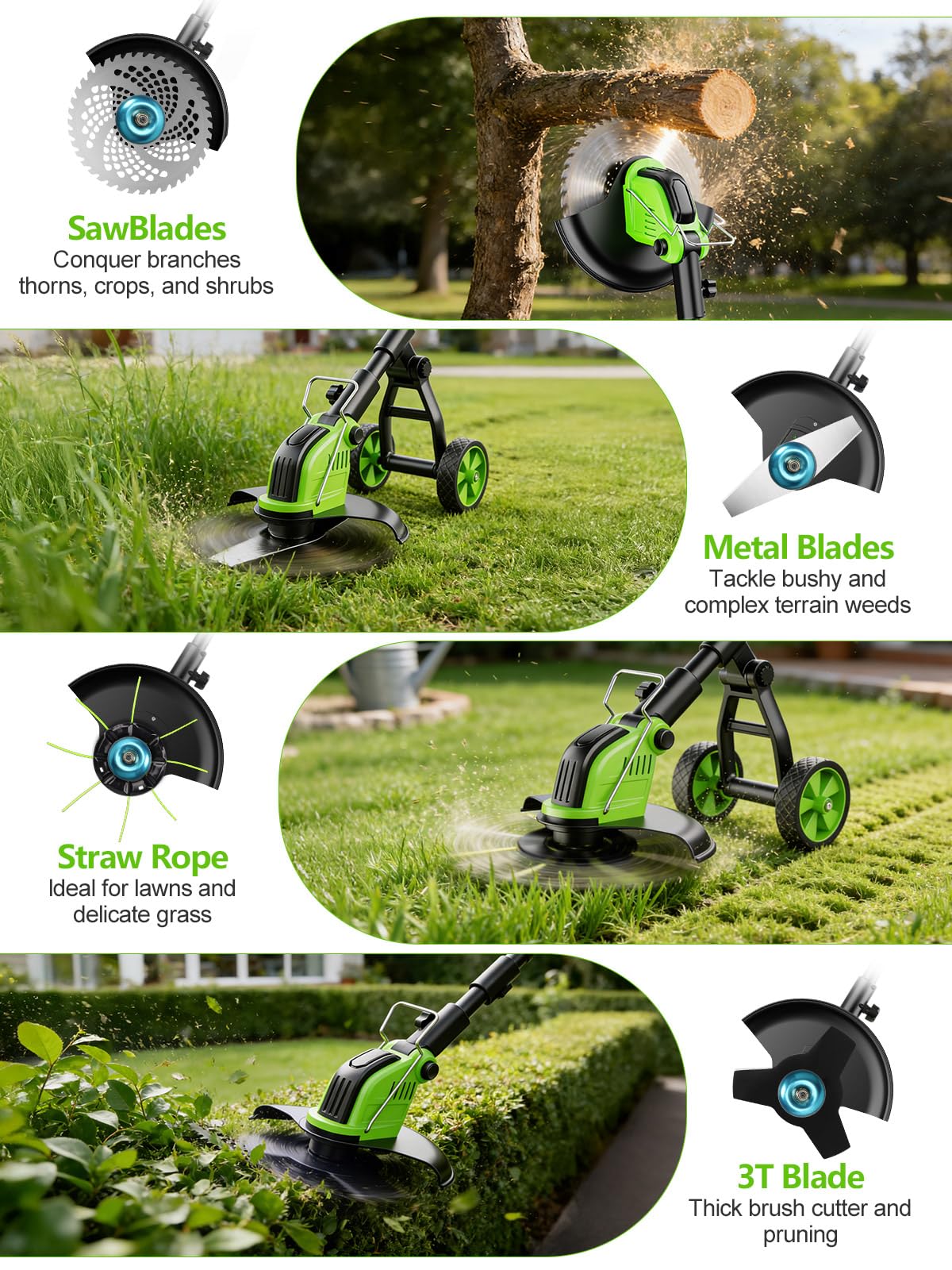 800W Brushless Cordless Weed Wacker with Wheels, Up to 20,000 RPM, 12" 4-in-1 String Trimmer, Weed Eater, Lawn Edger, Mini Mower &amp; Brush Cutter, Foldable, 2×21V 4.0Ah Batteries, Up to 120 Min Runtime