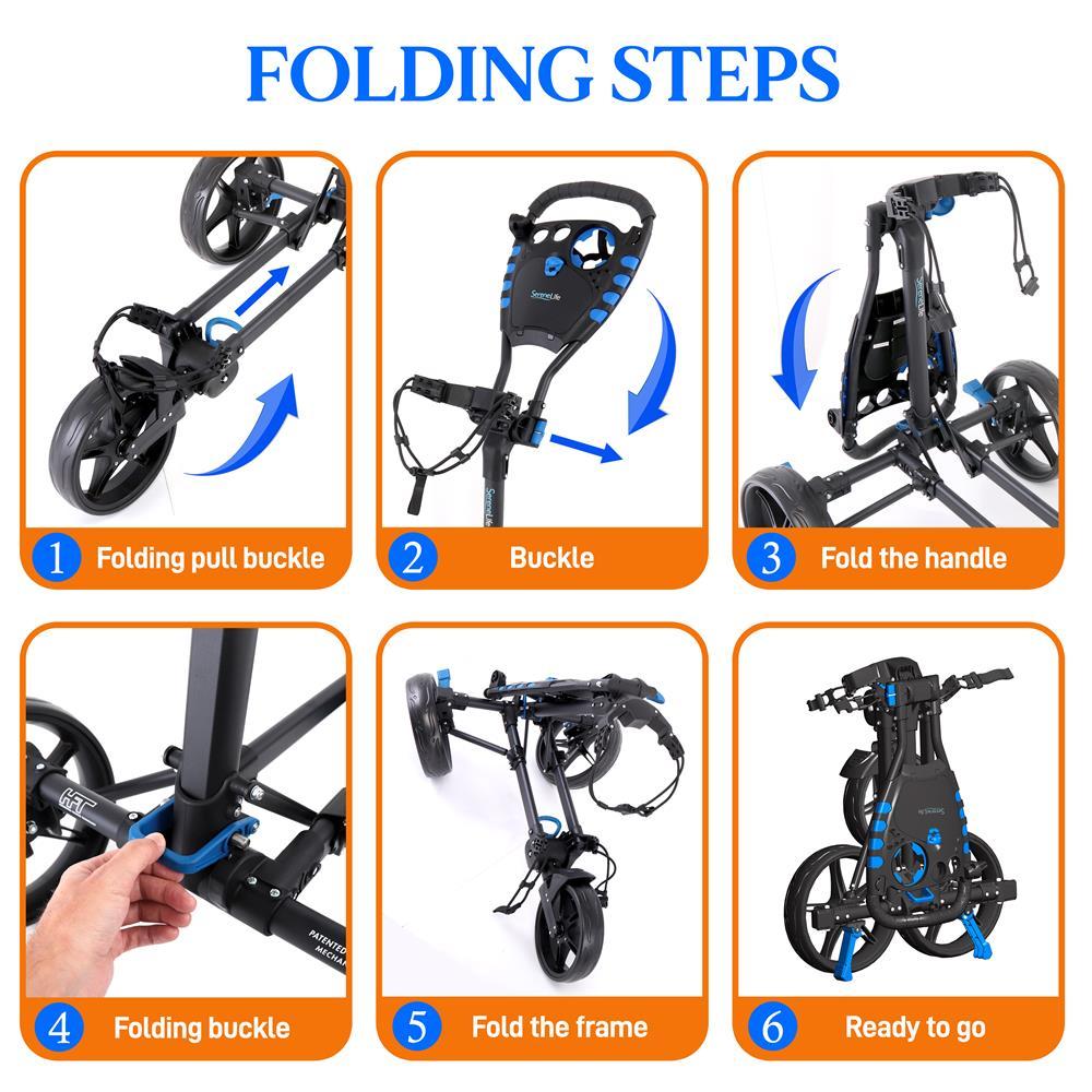 SereneLife SLGCFLW - Golf Flat Fold 3 Wheel Golf Cart - Deluxe Scorecard Holder, Upper &amp; Lower Brackets with Elastic Strap, Includes Umbrella Holder, Without Carrying Bag