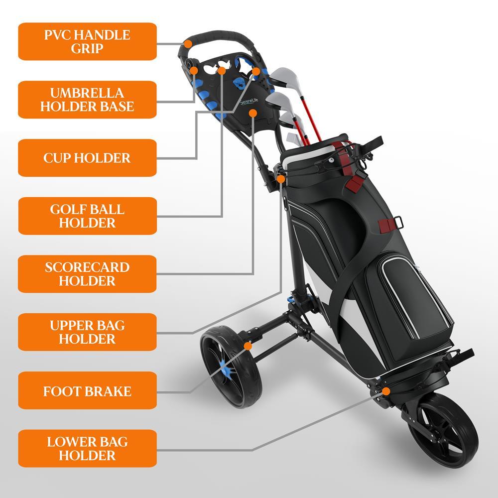 SereneLife SLGCFLW - Golf Flat Fold 3 Wheel Golf Cart - Deluxe Scorecard Holder, Upper &amp; Lower Brackets with Elastic Strap, Includes Umbrella Holder, Without Carrying Bag