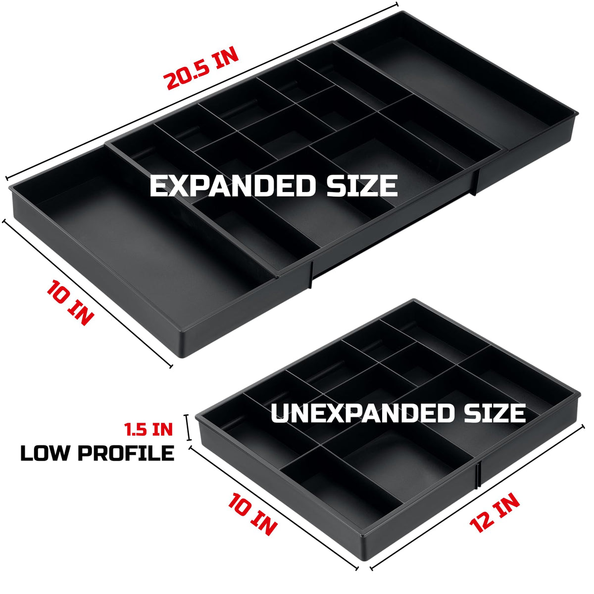 Tool Box Organizer Tray Divider Set, Expandable LarToolbox StoraTray Kit, Rolling Tool Chest Drawer Bins, Hardware Screwdrivers Pliers Organization, 2pcs low profile Trays.