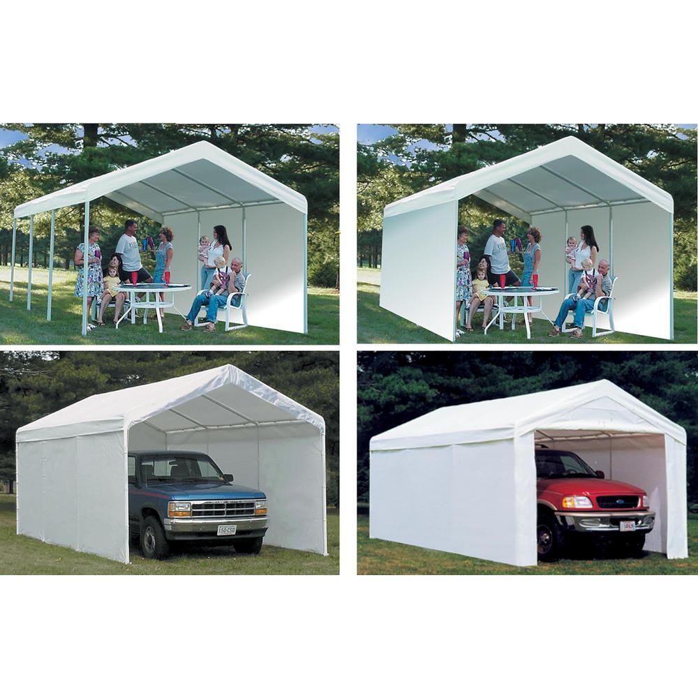 10 ft. W x 20 ft. D SuperMax 2-in-1, 8-Leg, Heavy-Duty Steel Canopy in White w/ Enclosure Kit and Twist-Tie Tension