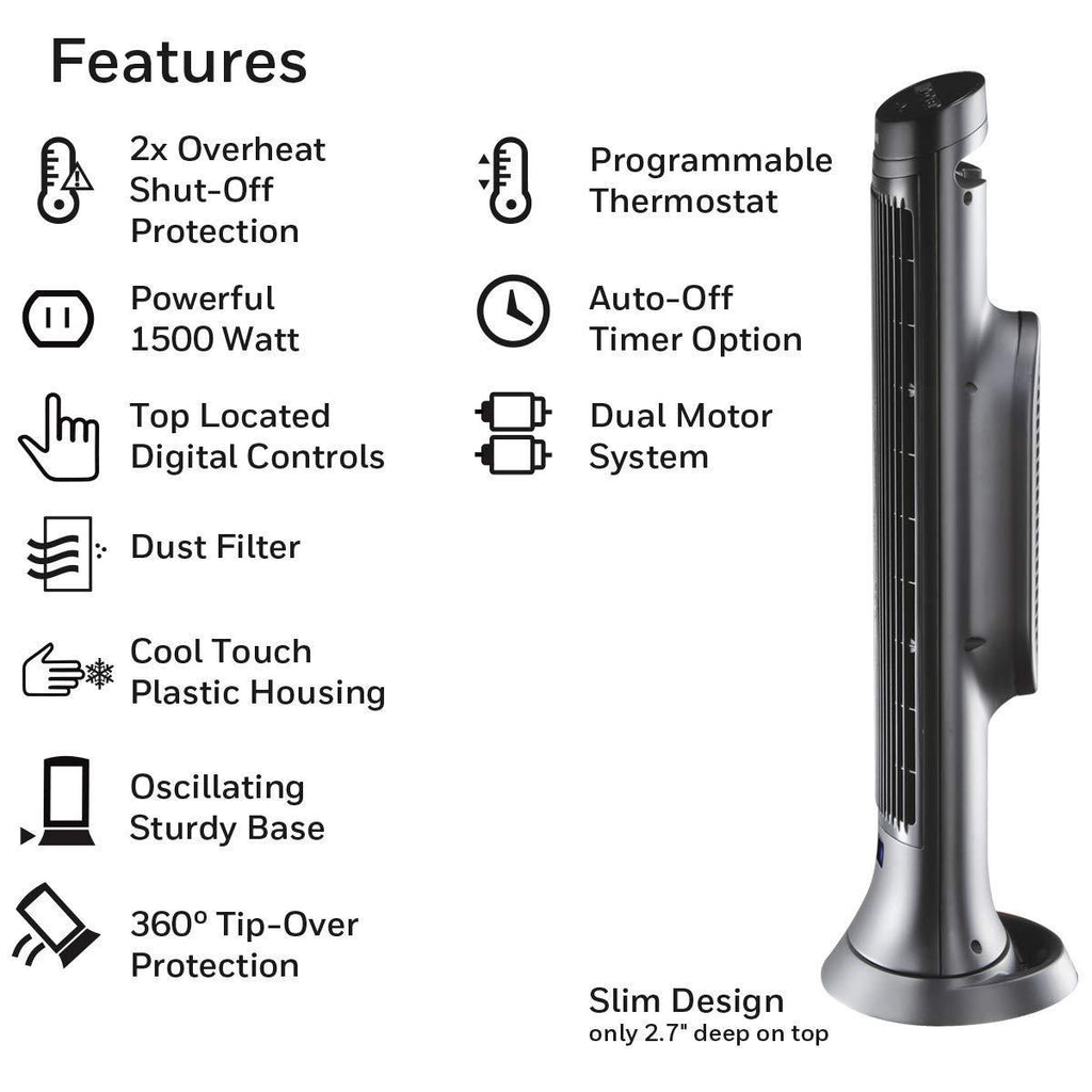 Digital Tower Heater, 750 - 1500 W, 10 1/8" X 8" X 23 1/4", Black