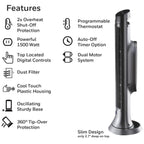 Digital Tower Heater, 750 - 1500 W, 10 1/8" X 8" X 23 1/4", Black