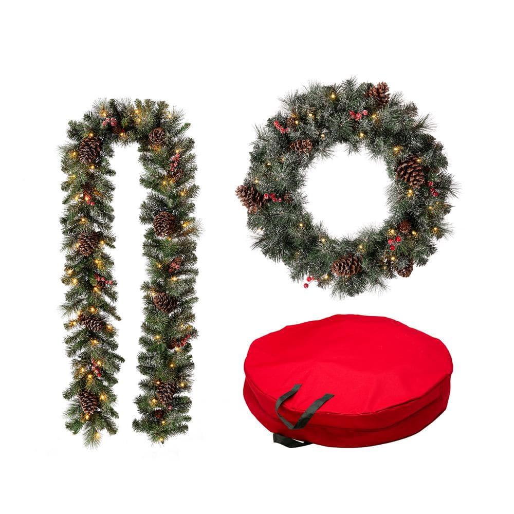 24 in. Dia Pre-Lit Glittered Pine Cone Christmas Wreath and 9 ft. L Garland Set with 30 in. Dia Red Canvas Storage Bag