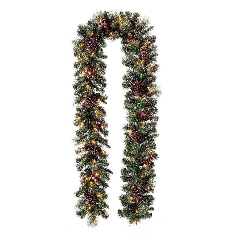 24 in. Dia Pre-Lit Glittered Pine Cone Christmas Wreath and 9 ft. L Garland Set with 30 in. Dia Red Canvas Storage Bag