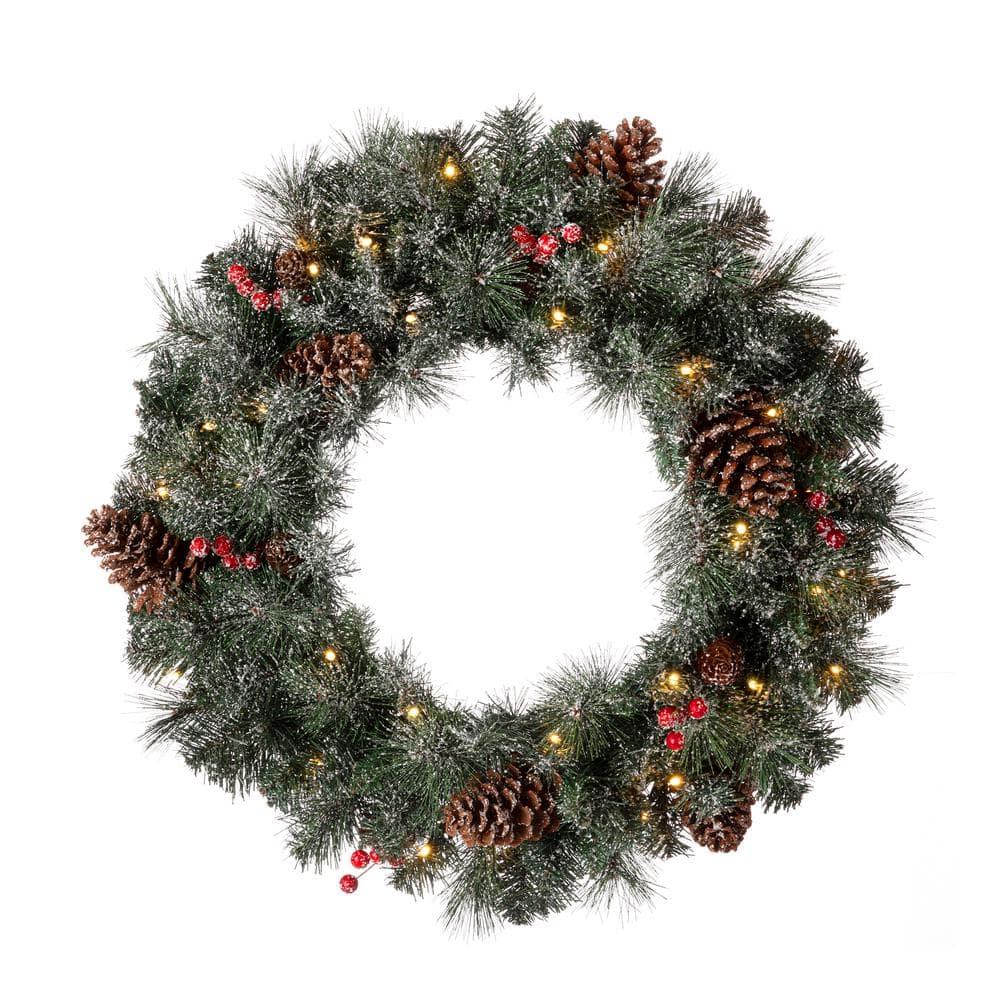 24 in. Dia Pre-Lit Glittered Pine Cone Christmas Wreath and 9 ft. L Garland Set with 30 in. Dia Red Canvas Storage Bag