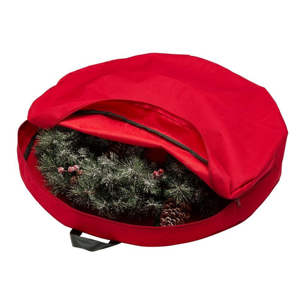 24 in. Dia Pre-Lit Glittered Pine Cone Christmas Wreath and 9 ft. L Garland Set with 30 in. Dia Red Canvas Storage Bag
