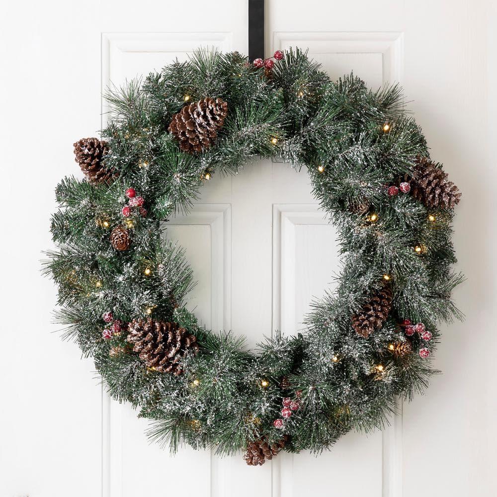 24 in. Dia Pre-Lit Glittered Pine Cone Christmas Wreath and 9 ft. L Garland Set with 30 in. Dia Red Canvas Storage Bag