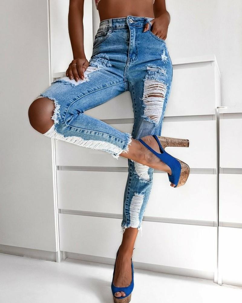 zipper fly slant pocket ripped raw hem skinny jeans