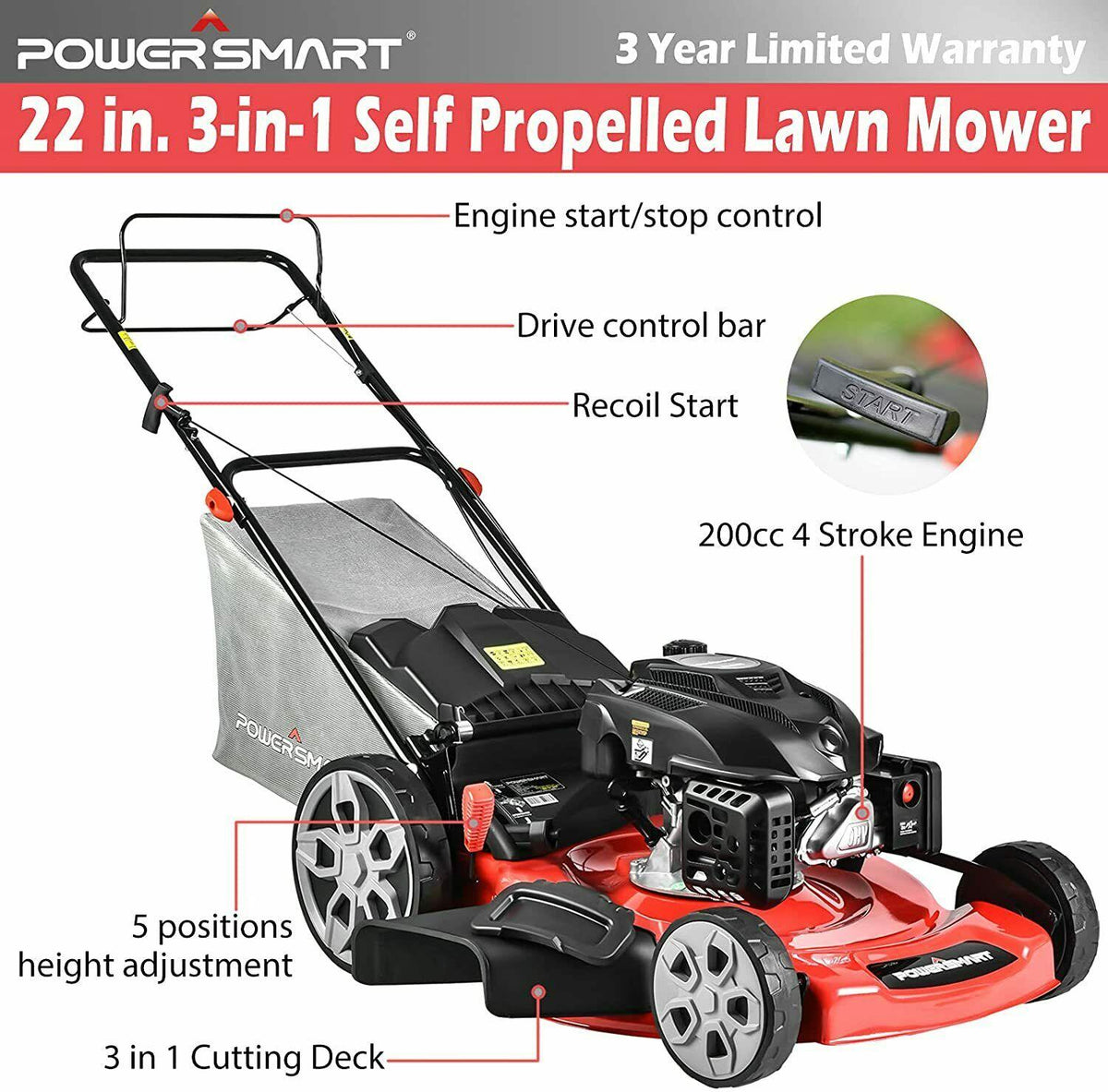 PowerSmart Self-propelled Gas Lawn Mower |22 inch| 200cc|5-Cutting Systems