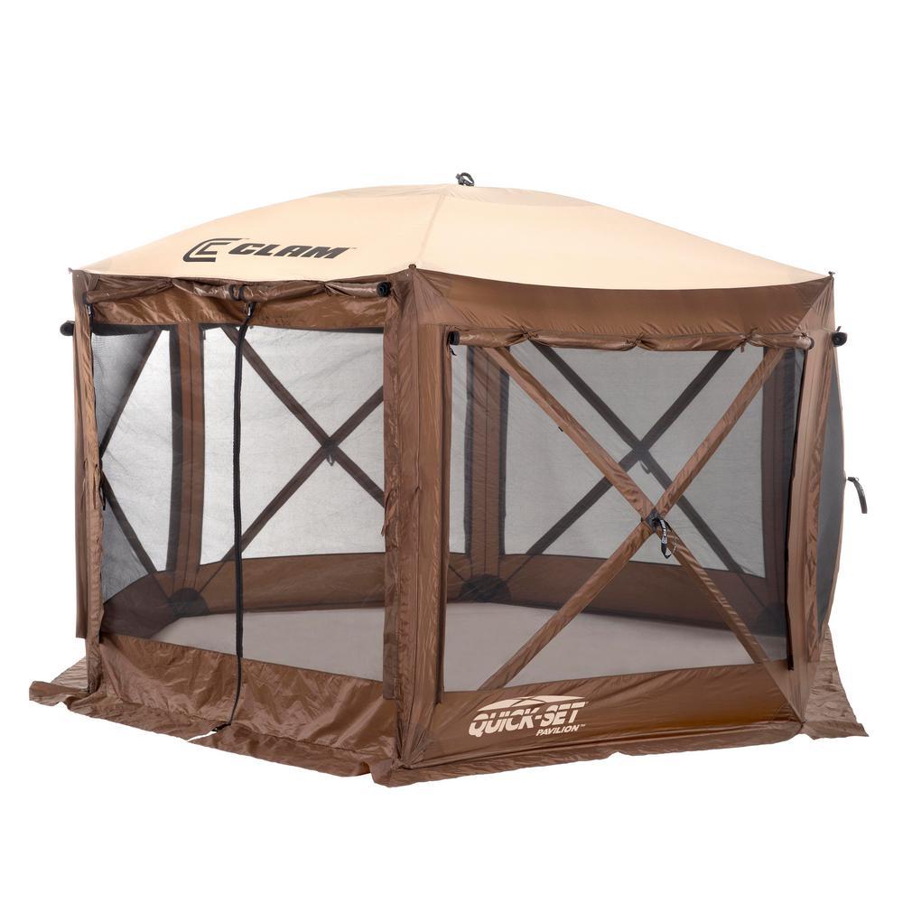 6-Side DLX Pavilion Screen Shelter in Brown/Tan Roof/Black Mesh - Zip Down Sides