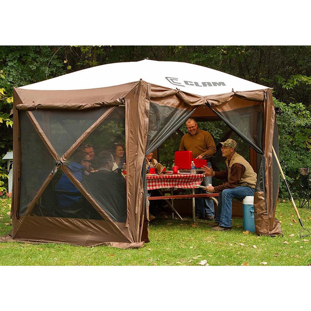6-Side DLX Pavilion Screen Shelter in Brown/Tan Roof/Black Mesh - Zip Down Sides