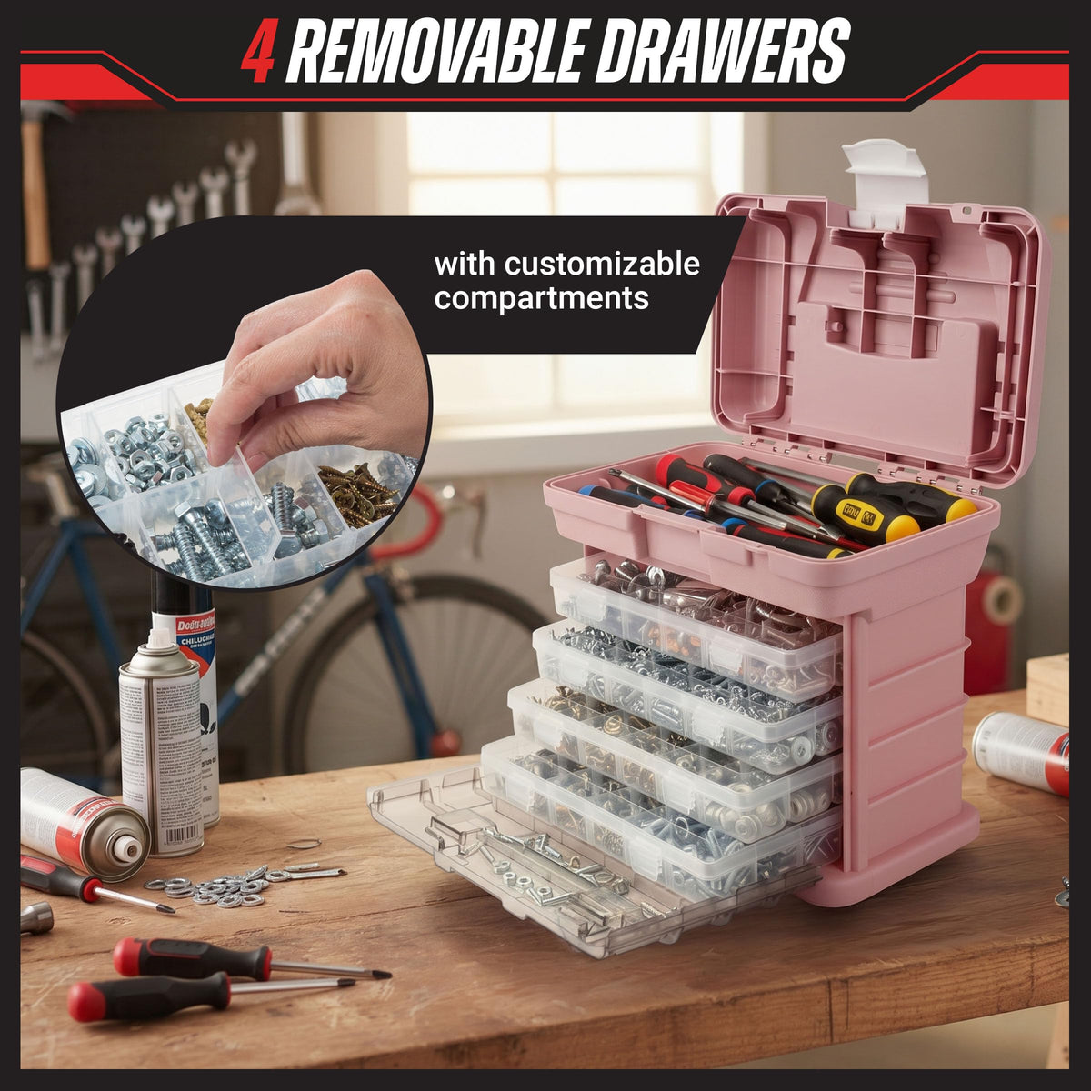 Portable Tool Box - Small Parts Organizer with Drawers and Customizable Compartments for Hardware, Fishing Tackle, Beads, or Crafts by  (Pink)