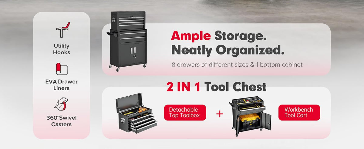 Metal Tool Chest, 8 Drawer Rolling Tool Chest with Wheels, Detachable Tool StoraCabinet with Lock for Garage, Assembled Steel Tool Cart with Liner & Hooks for Workshop, Warehouse (Black)
