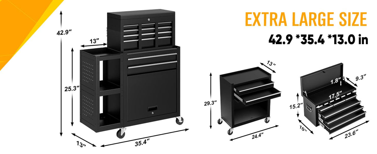 8 Drawer Tool Chest with Wheels, Exclusive 3-In-1 Tool Box Combo with Removable 4-Tire Utility Cart, LocMechanic Tool Cart with Liner for Warehouse, Workshop, 35”W x 13”D x 43”H -2026 Upgrade