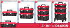 3-in-1 Rolling Tool Box with Wheels,Stackable Modular Tool Organizer System,17" Portable Waterproof Toolbox on Wheels for Garage,Mechanics and Home Repair (Red-Black)