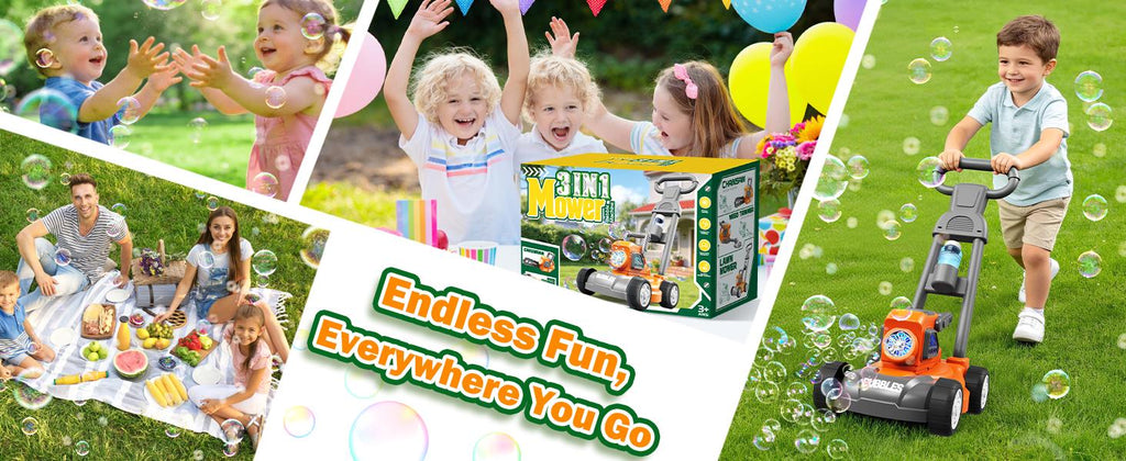 Bubble Lawn Mower for Kids,3-in-1 Bubble Machine Blower Toy Ages 3-8 Oran| Automatic Bubble Blower,10 Solution Packs,Pretend Gardening Play,Push Toy for Toddlers,Summer Outdoor Gift for Boys and Girls